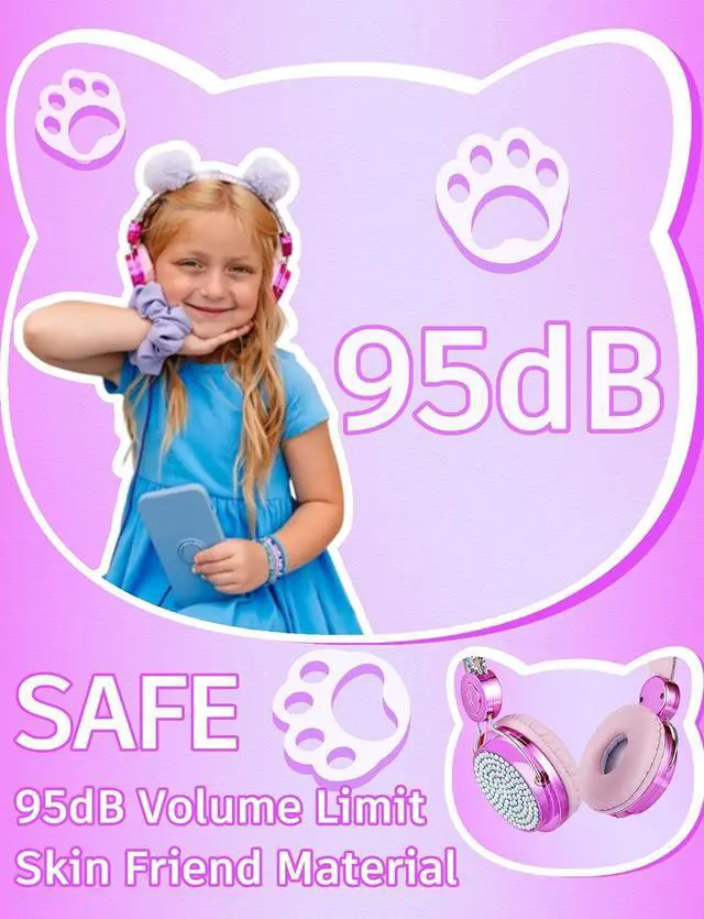 Alt view image 5 of 7 - Kids Pom Headphones with Mic for Travel/Car/Plane,Added 85DB Limit Function&Shareport,Unicorns Gifts for Girls,On/Over Ear HD Stereo Wired Headsets with Nylon Cable-Hot-Purple