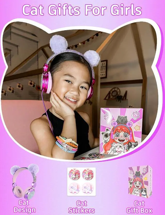 Alt view image 6 of 7 - Kids Pom Headphones with Mic for Travel/Car/Plane,Added 85DB Limit Function&Shareport,Unicorns Gifts for Girls,On/Over Ear HD Stereo Wired Headsets with Nylon Cable-Hot-Purple