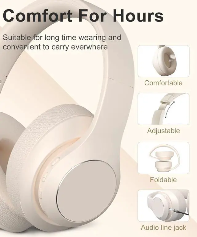 Alt view image 2 of 6 - Wireless Bluetooth Headphones Over Ear, 40 Hours Playtime Wireless Headphones with Microphone,Foldable Light Weight Headset with HiFi Stereo Sound for Travel Work (Beige)