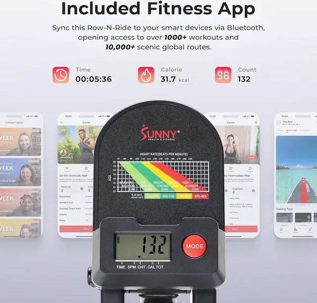 Alt view image 3 of 7 - Sunny Health & Fitness Smart Compact Full Motion Rowing Machine, Full-Body Workout, Low-Impact, Extra-Long Rail, 350 LB Weight Capacity and Optional Free SunnyFit® App Enhanced Connectivity