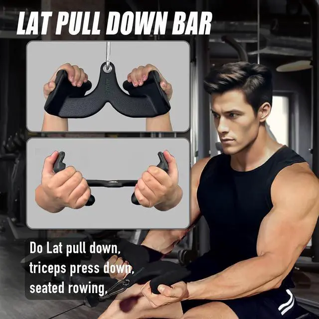 Alt view image 4 of 6 - Home Gym Fitness Rowing T-bar V-bar Pulley Cable Machine Attachments, Bicep Curl Tricep Lat pulldown Bar Back Strength Training Handle Grips Lat Pull Down Bar Press Down Exercises