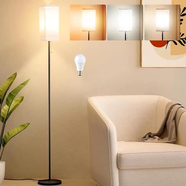 Main image of Tall Floor Lamp with Linen Shade - 3 Color Temperature, Black, LED Bulbs, Pull Chain Switch, Easy Assembly