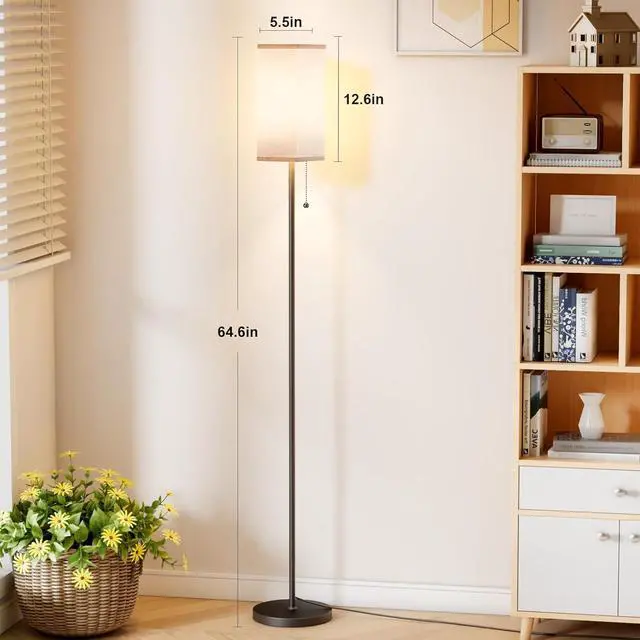 Alt view image 2 of 7 - Tall Floor Lamp with Linen Shade - 3 Color Temperature, Black, LED Bulbs, Pull Chain Switch, Easy Assembly