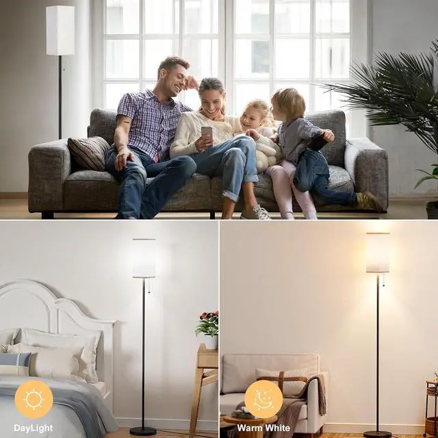Alt view image 3 of 7 - Tall Floor Lamp with Linen Shade - 3 Color Temperature, Black, LED Bulbs, Pull Chain Switch, Easy Assembly