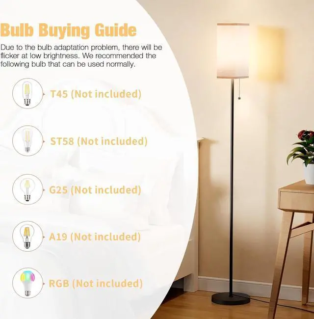 Alt view image 5 of 7 - Tall Floor Lamp with Linen Shade - 3 Color Temperature, Black, LED Bulbs, Pull Chain Switch, Easy Assembly