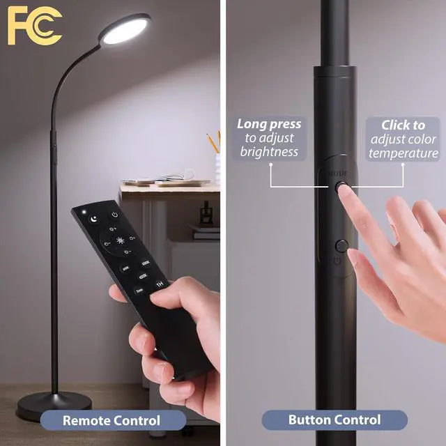 Alt view image 3 of 7 - luckystyle Floor Lamp,Super Bright Dimmable LED Lamps for Living Room, Custom Color Temperature Standing Lamp with Remote Push Button, Adjustable Gooseneck Reading Floor Lamp for Bedroom Office Black