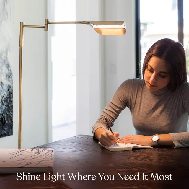 Alt view image 3 of 7 - Brightech Leaf Pharmacy LED Reading Lamp, Dimmable Floor Lamp with Easy Rotation over Chair or Desk for Living Rooms & Offices, Adjustable Standing Tall Lamp, For Sewing & Crafts, Antique Brass (Gold)