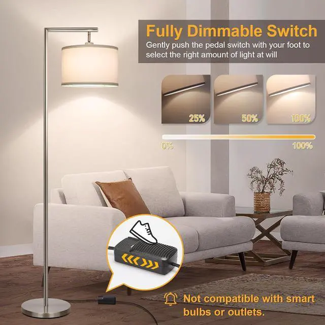 Alt view image 3 of 7 - Boncoo Modern Floor Lamp for Bedroom, Dimmable Silver Floor Lamps for Living Room with Adjustable Shade, Tall Standing Lamp Nickel Finish Reading Light for Office Dorm Nursery, 9W LED Bulb Included