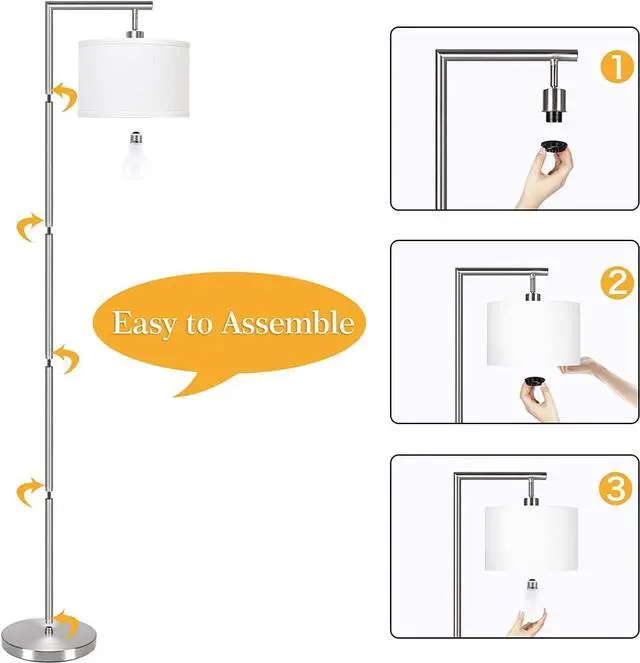 Alt view image 7 of 7 - Boncoo Modern Floor Lamp for Bedroom, Dimmable Silver Floor Lamps for Living Room with Adjustable Shade, Tall Standing Lamp Nickel Finish Reading Light for Office Dorm Nursery, 9W LED Bulb Included