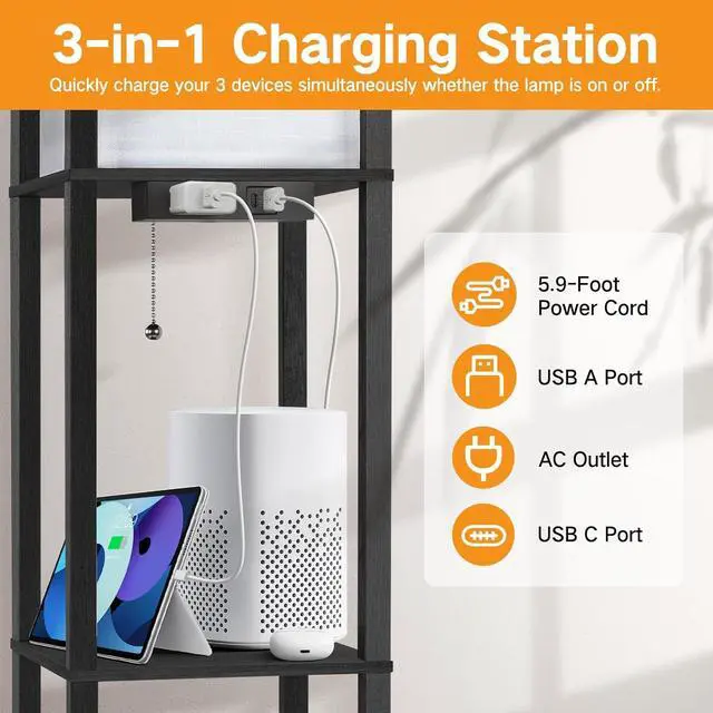 Alt view image 2 of 7 - OUTON Floor Lamp with Shelves, LED Shelf Floor Lamp with 1 USB & 1 Type C Ports, 1 AC Outlet, 3 Color Temperature, Storage Display Wood Column Tall Standing Lamp for Living Room, Bedroom Office, Black