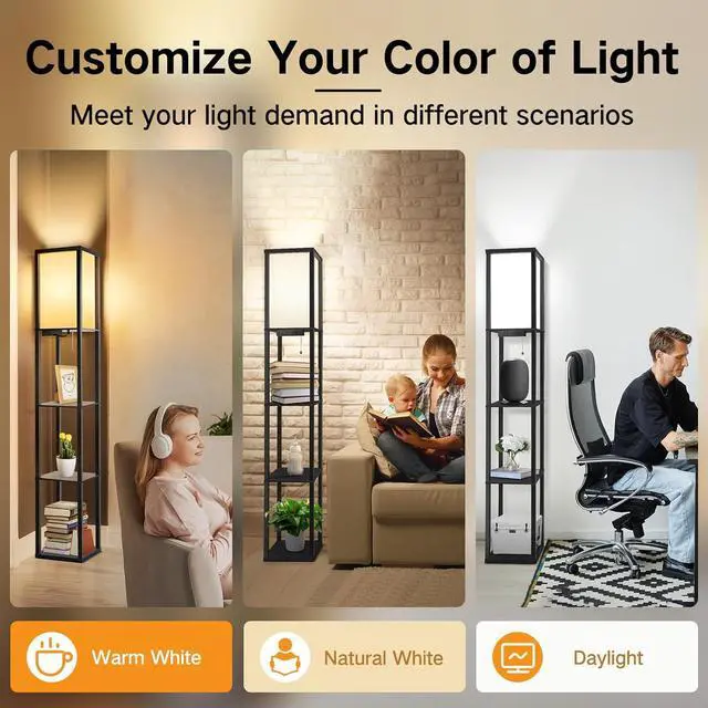 Alt view image 3 of 7 - OUTON Floor Lamp with Shelves, LED Shelf Floor Lamp with 1 USB & 1 Type C Ports, 1 AC Outlet, 3 Color Temperature, Storage Display Wood Column Tall Standing Lamp for Living Room, Bedroom Office, Black