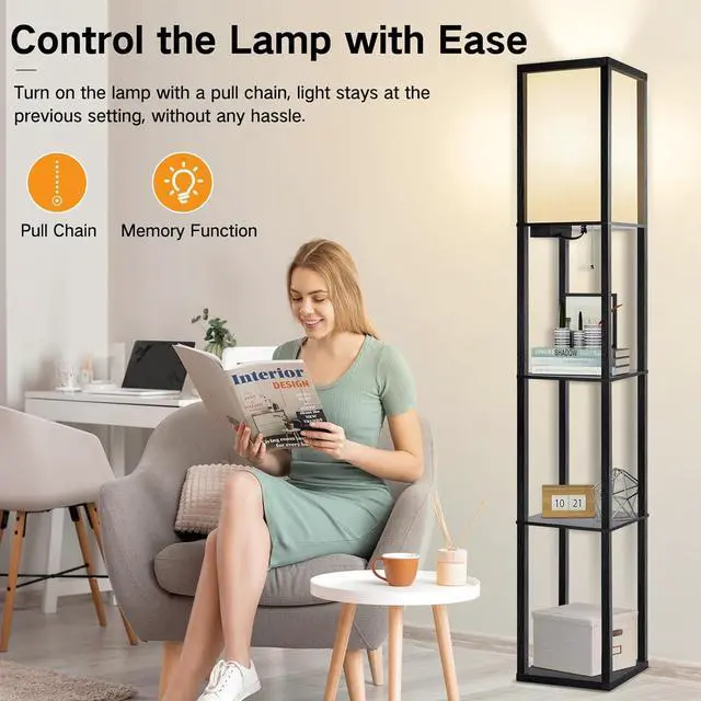 Alt view image 5 of 7 - OUTON Floor Lamp with Shelves, LED Shelf Floor Lamp with 1 USB & 1 Type C Ports, 1 AC Outlet, 3 Color Temperature, Storage Display Wood Column Tall Standing Lamp for Living Room, Bedroom Office, Black