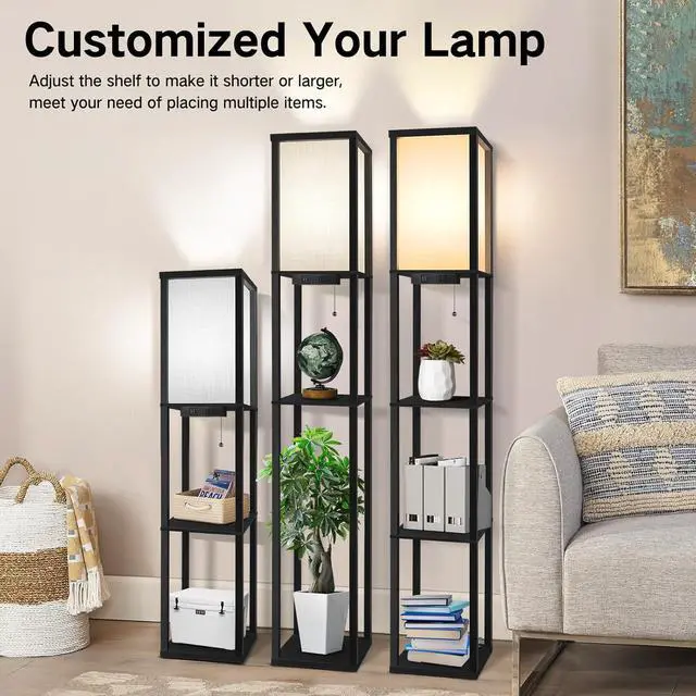 Alt view image 6 of 7 - OUTON Floor Lamp with Shelves, LED Shelf Floor Lamp with 1 USB & 1 Type C Ports, 1 AC Outlet, 3 Color Temperature, Storage Display Wood Column Tall Standing Lamp for Living Room, Bedroom Office, Black
