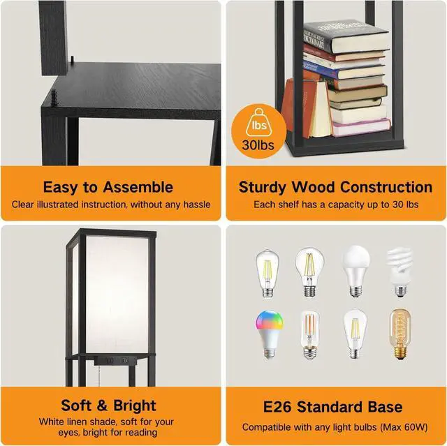Alt view image 7 of 7 - OUTON Floor Lamp with Shelves, LED Shelf Floor Lamp with 1 USB & 1 Type C Ports, 1 AC Outlet, 3 Color Temperature, Storage Display Wood Column Tall Standing Lamp for Living Room, Bedroom Office, Black