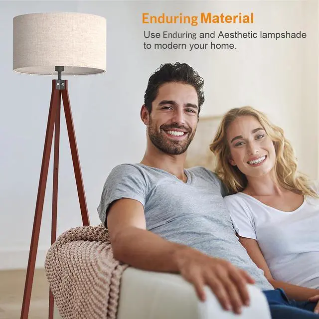 Alt view image 4 of 7 - LEPOWER Wood Tripod Floor Lamp, Mid Century Standing Lamp, Modern Design Studying Light for Living Room, Bedroom, Study Room and Office, Flaxen Lamp Shade with E26 Lamp Base Brown