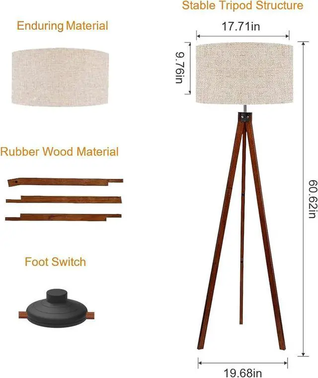 Alt view image 5 of 7 - LEPOWER Wood Tripod Floor Lamp, Mid Century Standing Lamp, Modern Design Studying Light for Living Room, Bedroom, Study Room and Office, Flaxen Lamp Shade with E26 Lamp Base Brown