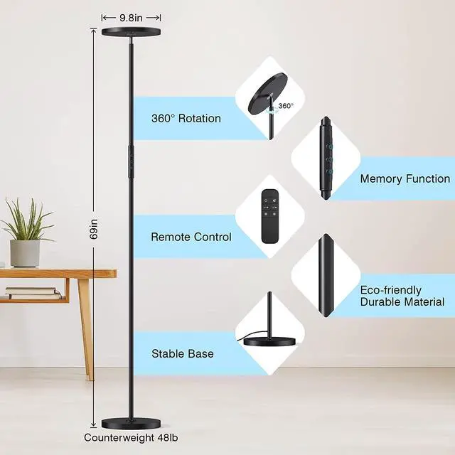 Alt view image 6 of 7 - OHLUX Floor Lamp,36W/3000LM Sky LED Modern Torchiere 5 Color Temperatures Super Bright Floor Lamps, Dimmable Tall Standing Pole Light with Remote & Touch Control for Living Room,Bedroom,Office-Black