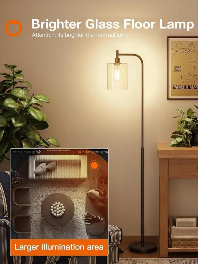 Alt view image 2 of 7 - addlon Floor Lamps for Living Room Bright Lighting with Glass lampshade, Modern Bright Floor Lamp with LED Bulbs Industrial Standing lamp for beroom, Tall Pole Lamps Office - Black
