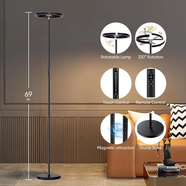Alt view image 2 of 7 - Floor Lamps for Living Room,SIBRILLE Modern Stepless Dimmable Standing Lamp 3000-6000K,22W LED Rotatable Reading Standing Light,Touch&Remote Control Uplighter Floor Lamp for Living Room Bedroom Office
