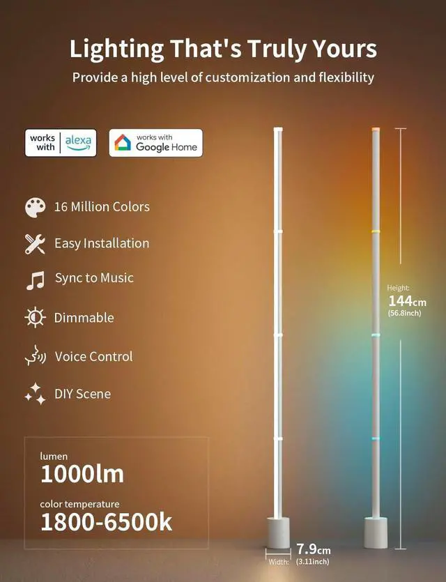 Alt view image 2 of 6 - Ailofy Smart Corner Floor Lamp, LED Floor Lamp with Alexa and App Control, 16 Million DIY Colors, Music Sync, DIY Color Modes,Timer Setting, Suitable for Living Room and Bedroom