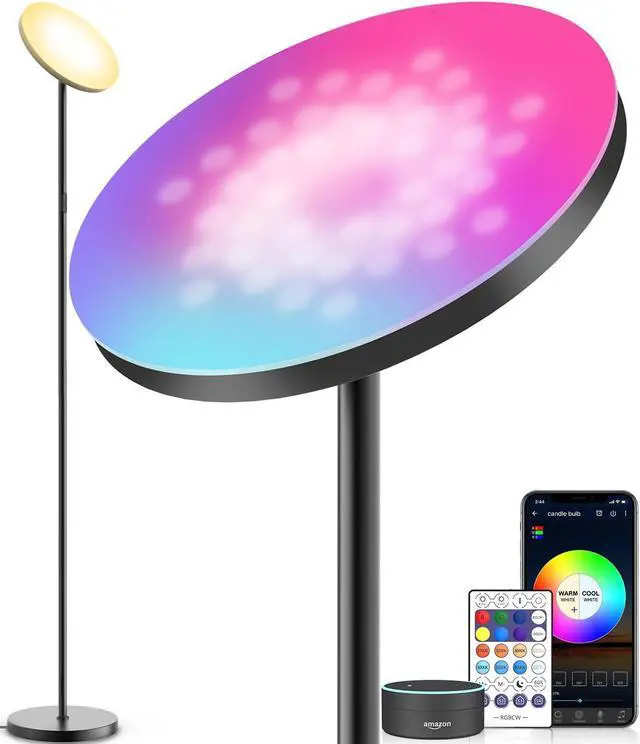 Main image of YHW Smart RGB LED Floor Lamp Works with Alexa Google Home, WiFi Remote Modern Tall Standing Light, Super Bright 2000LM Color Changing & Dimmable Sky Torchiere for Living Room, Bedroom (Black)