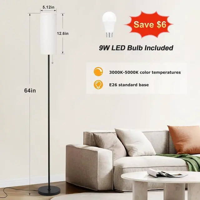 Alt view image 2 of 7 - Ambimall 64'' Floor Lamp for Living Room with Bulb - Tall Lamps with Beige Lampshade & Pull Chain Switch, Pole Lamps for Bedrooms Tall, Minimalist Floor Lamp
