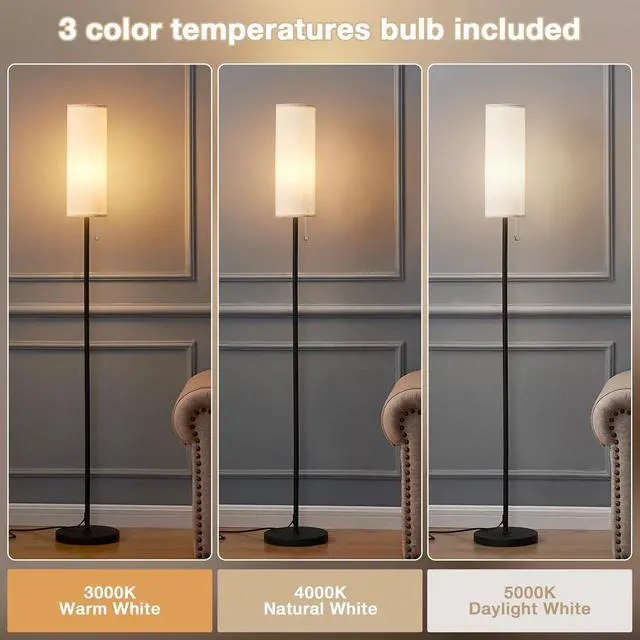 Alt view image 3 of 7 - Ambimall 64'' Floor Lamp for Living Room with Bulb - Tall Lamps with Beige Lampshade & Pull Chain Switch, Pole Lamps for Bedrooms Tall, Minimalist Floor Lamp