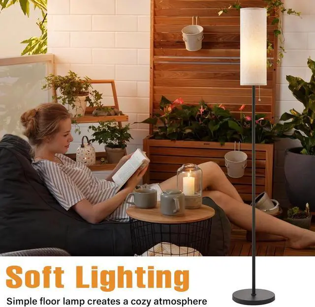 Alt view image 4 of 7 - Ambimall 64'' Floor Lamp for Living Room with Bulb - Tall Lamps with Beige Lampshade & Pull Chain Switch, Pole Lamps for Bedrooms Tall, Minimalist Floor Lamp