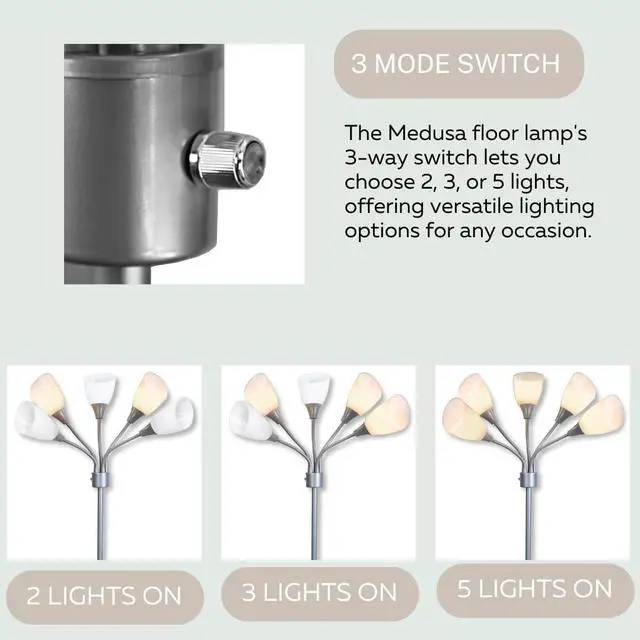 Alt view image 4 of 7 - Floor Lamp For Bedroom Multi Head 5 Light Bright Floor Lamp - Medusa 5 Light Standing Lamp -floor Lamps For Bedroom Spider Lamp 5 Acrylic White Shades Standing Light Spider Lamp Silver Floor Lamp