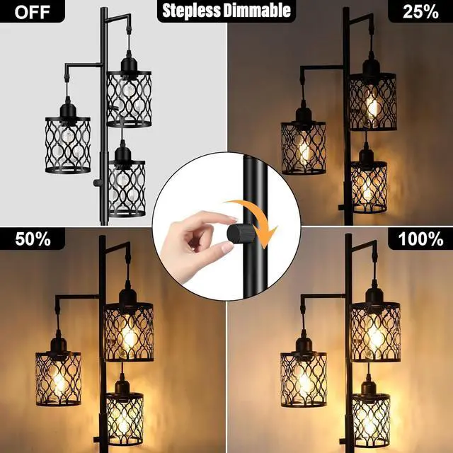 Alt view image 2 of 7 - Plug-in Dimmable Farmhouse Floor Lamp, Industrial Floor Lamp for Living Room with 3 X 6W LED Bulbs, 3 Light Rustic Standing Tall Lamp for Bedroom, Office, 68