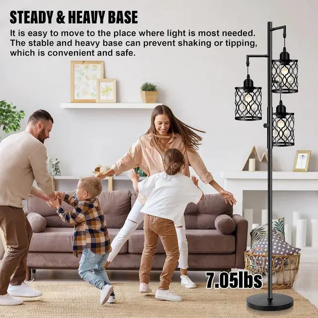 Alt view image 4 of 7 - Plug-in Dimmable Farmhouse Floor Lamp, Industrial Floor Lamp for Living Room with 3 X 6W LED Bulbs, 3 Light Rustic Standing Tall Lamp for Bedroom, Office, 68