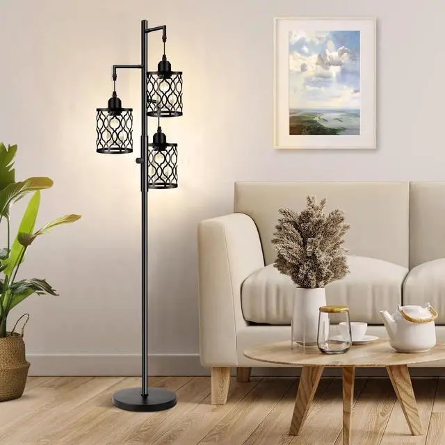 Alt view image 6 of 7 - Plug-in Dimmable Farmhouse Floor Lamp, Industrial Floor Lamp for Living Room with 3 X 6W LED Bulbs, 3 Light Rustic Standing Tall Lamp for Bedroom, Office, 68
