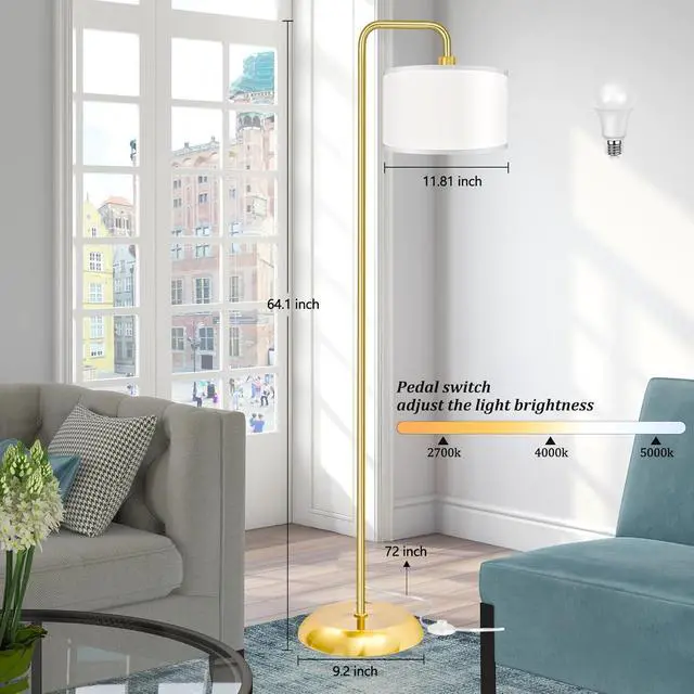 Alt view image 4 of 7 - [Upgraded] LED Floor Lamp for Living Room, 3 Color Temperature Floor Lamp with Foot Switch Modern Standing Lamp Tall Pole Floor Reading Lamp for Bedroom, Study Room, Office, 9W Bulb Included, Gold