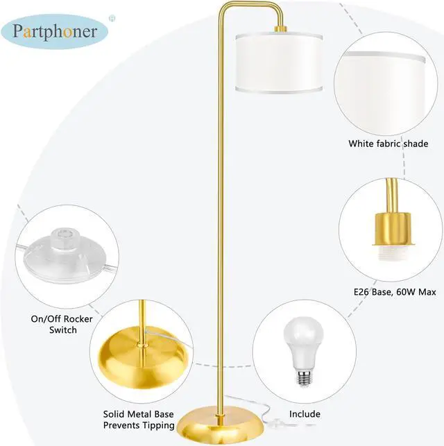 Alt view image 5 of 7 - [Upgraded] LED Floor Lamp for Living Room, 3 Color Temperature Floor Lamp with Foot Switch Modern Standing Lamp Tall Pole Floor Reading Lamp for Bedroom, Study Room, Office, 9W Bulb Included, Gold