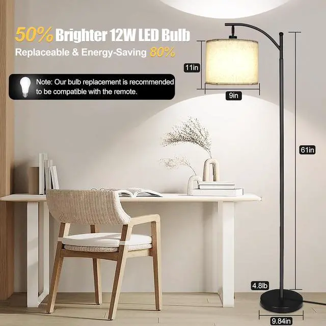Alt view image 2 of 7 - 2024 LED Floor Lamps for Living Room, 12W 1200LM Modern Arc Floor Lamp with Remote & Adjustable Linen Lampshade, 12 Color Temperature Stepless Dimmable Tall Standing Lamp for Bedroom Office Reading
