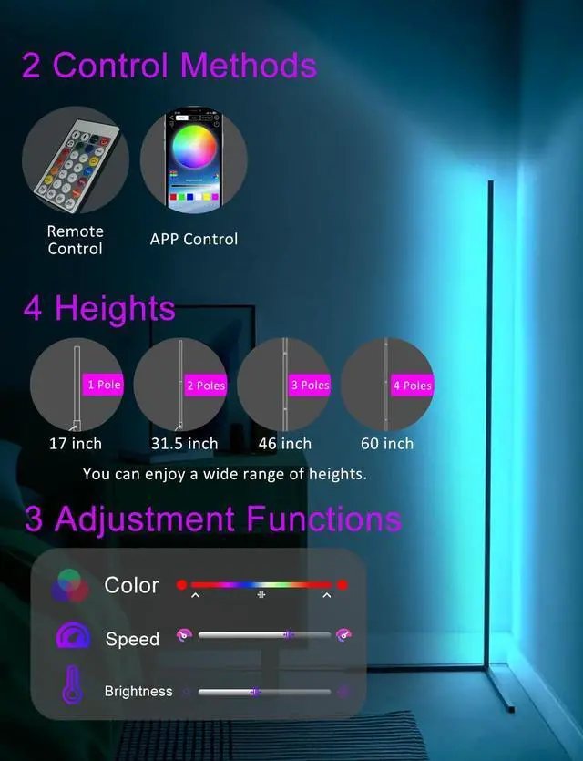 Alt view image 3 of 7 - Corner Floor Lamp,60 Smart RGB LED Corner Lamp with App and Remote Control, Color Changing Ambience Light with Music Sync, Easy to Install, Led Floor Lamp for Living Room Bedroom Gaming Room