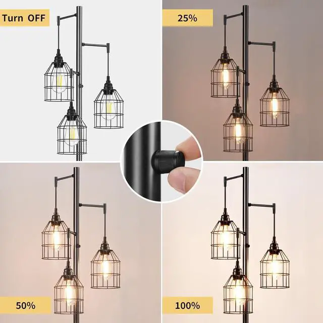 Alt view image 2 of 7 - 70" Dimmable Floor Lamp for Living Room, Industrial 3-Light Tree Floor Lamp Black with Cages, Farmhouse Rustic Tall Standing Lamp Floor Lighting for Bedroom Office, 3 Free LED Edison Bulbs