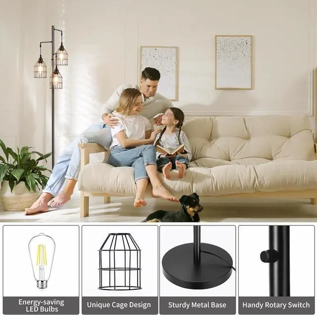 Alt view image 4 of 7 - 70" Dimmable Floor Lamp for Living Room, Industrial 3-Light Tree Floor Lamp Black with Cages, Farmhouse Rustic Tall Standing Lamp Floor Lighting for Bedroom Office, 3 Free LED Edison Bulbs