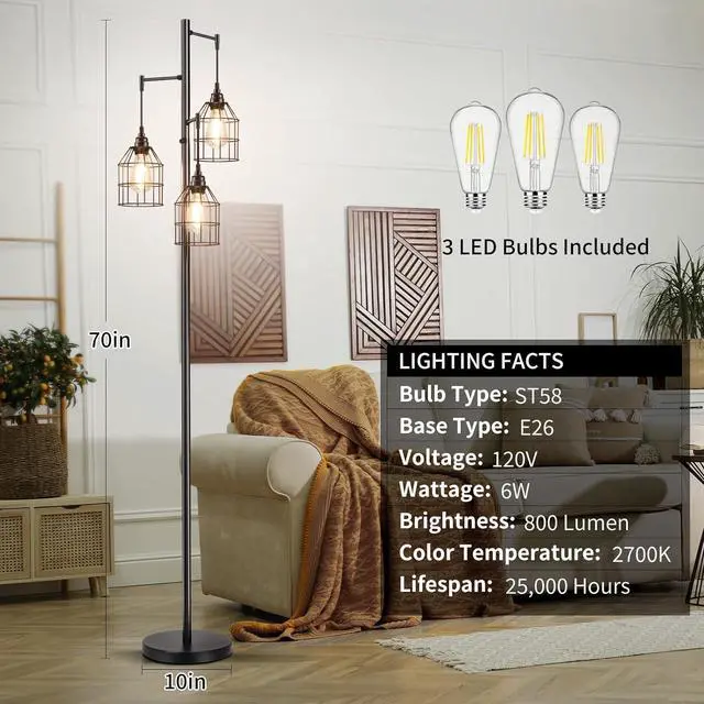 Alt view image 5 of 7 - 70" Dimmable Floor Lamp for Living Room, Industrial 3-Light Tree Floor Lamp Black with Cages, Farmhouse Rustic Tall Standing Lamp Floor Lighting for Bedroom Office, 3 Free LED Edison Bulbs