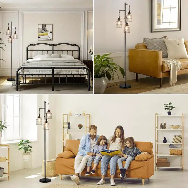 Alt view image 6 of 7 - 70" Dimmable Floor Lamp for Living Room, Industrial 3-Light Tree Floor Lamp Black with Cages, Farmhouse Rustic Tall Standing Lamp Floor Lighting for Bedroom Office, 3 Free LED Edison Bulbs