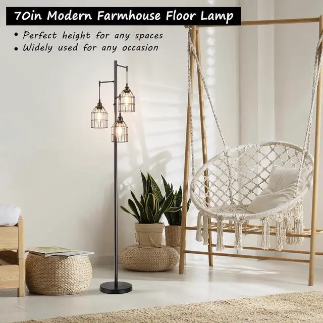 Alt view image 7 of 7 - 70" Dimmable Floor Lamp for Living Room, Industrial 3-Light Tree Floor Lamp Black with Cages, Farmhouse Rustic Tall Standing Lamp Floor Lighting for Bedroom Office, 3 Free LED Edison Bulbs