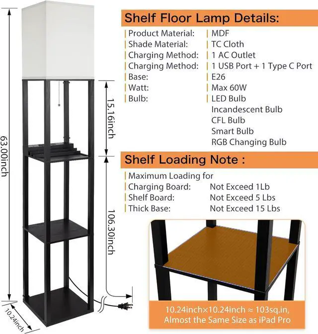 Alt view image 3 of 7 - SHINE HAI 3-in-1 Shelf Floor Lamp with 1 USB&Type C&1 AC Outlet, 3-Tiered LED Shelf Lamp, Shelf & Storage Floor Lamp Combination Modern Standing Light