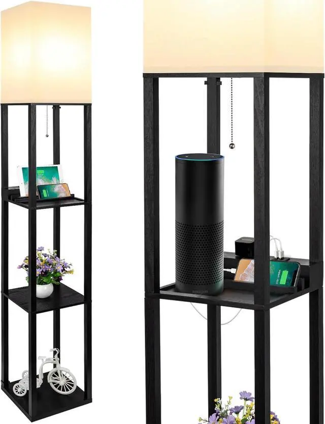 Main image of SHINE HAI 3-in-1 Shelf Floor Lamp with 1 USB&Type C&1 AC Outlet, 3-Tiered LED Shelf Lamp, Shelf & Storage Floor Lamp Combination Modern Standing Light