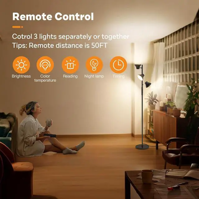 Alt view image 4 of 7 - LED Floor Lamp, 36W Modern Floor Lamp with Remote & Touch Control, 4 Color Temperatures, Standing Lamp with 3 Rotatable Lights, Floor Lamps for Living Room, Bedroom, Office