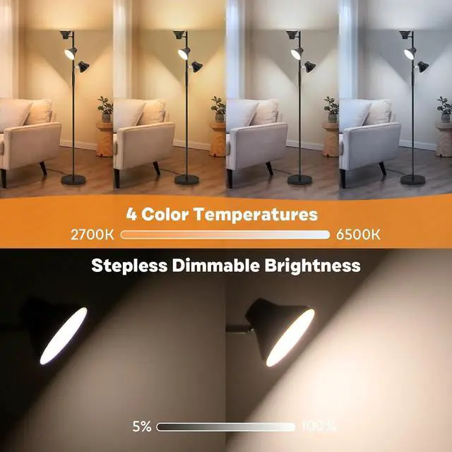 Alt view image 5 of 7 - LED Floor Lamp, 36W Modern Floor Lamp with Remote & Touch Control, 4 Color Temperatures, Standing Lamp with 3 Rotatable Lights, Floor Lamps for Living Room, Bedroom, Office