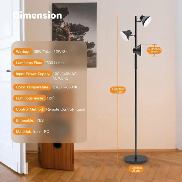 Alt view image 7 of 7 - LED Floor Lamp, 36W Modern Floor Lamp with Remote & Touch Control, 4 Color Temperatures, Standing Lamp with 3 Rotatable Lights, Floor Lamps for Living Room, Bedroom, Office