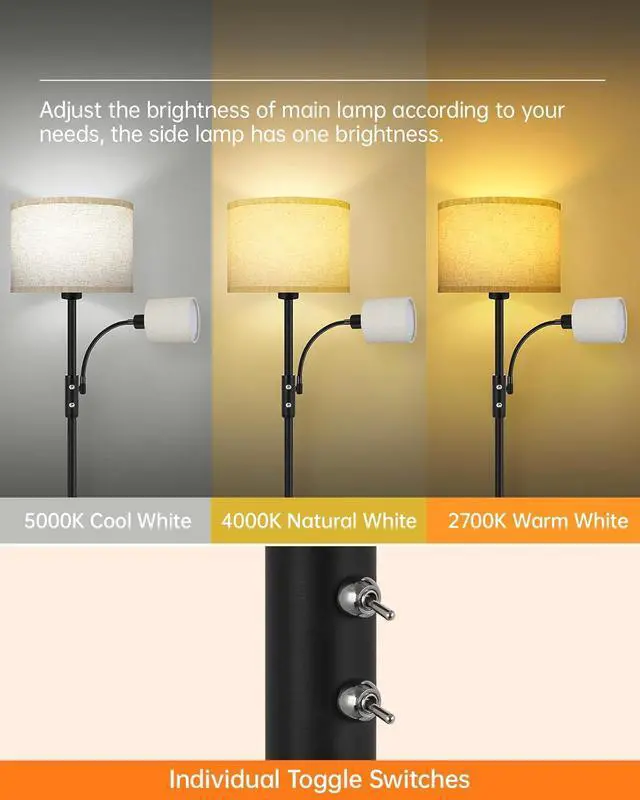 Alt view image 2 of 7 - Floor Lamps for Living Room, Modern Floor Lamp with Reading Lamp, 62" Tall Standing Lamp, Beige Lampshades, Simple Pole Lamps for Bedroom/Office/Kids Room/Den(Bulbs Not Including, E26/E12 Base)
