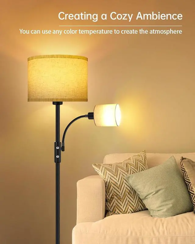 Alt view image 3 of 7 - Floor Lamps for Living Room, Modern Floor Lamp with Reading Lamp, 62" Tall Standing Lamp, Beige Lampshades, Simple Pole Lamps for Bedroom/Office/Kids Room/Den(Bulbs Not Including, E26/E12 Base)