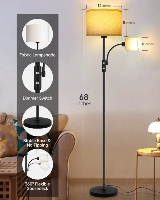 Alt view image 4 of 7 - Floor Lamps for Living Room, Modern Floor Lamp with Reading Lamp, 62" Tall Standing Lamp, Beige Lampshades, Simple Pole Lamps for Bedroom/Office/Kids Room/Den(Bulbs Not Including, E26/E12 Base)