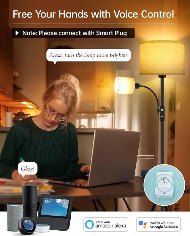 Alt view image 5 of 7 - Floor Lamps for Living Room, Modern Floor Lamp with Reading Lamp, 62" Tall Standing Lamp, Beige Lampshades, Simple Pole Lamps for Bedroom/Office/Kids Room/Den(Bulbs Not Including, E26/E12 Base)